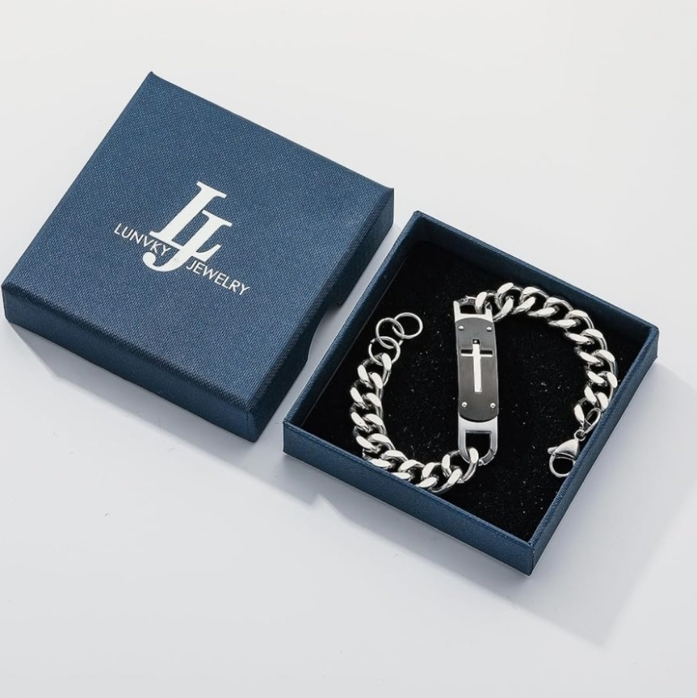 Cross Bracelet Stainless Steel Cuban Cross Chain Link Bracelets Bible Joshua 1:9 - Picture 4 of 5